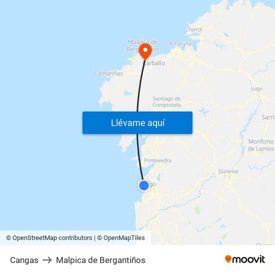Cangas to Malpica de Bergantiños map