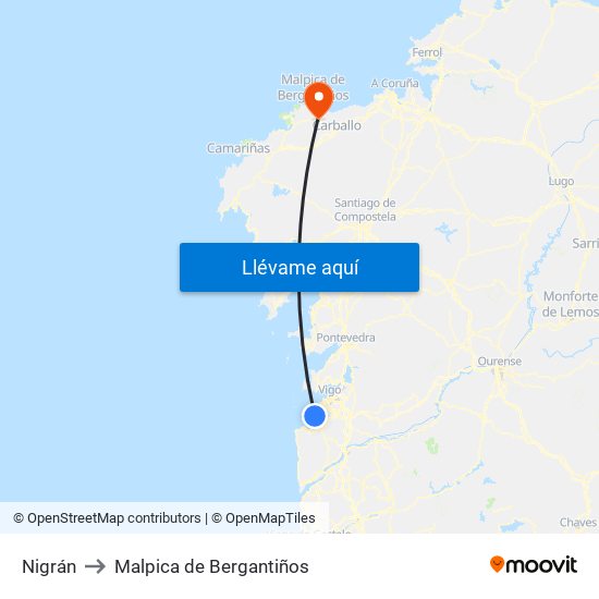 Nigrán to Malpica de Bergantiños map