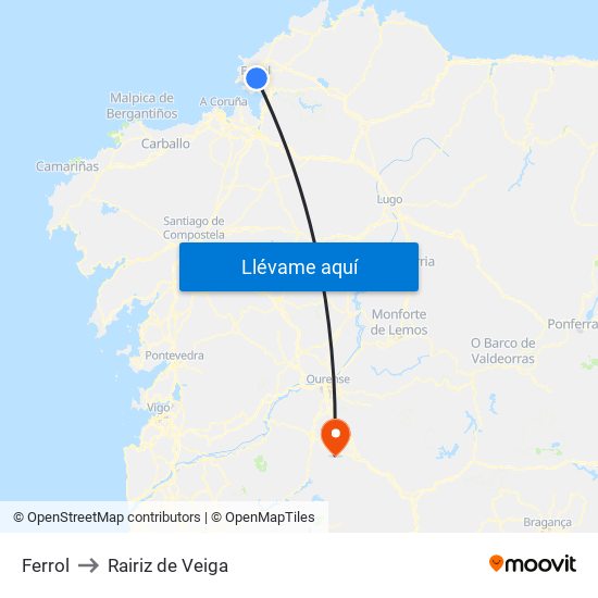 Ferrol to Rairiz de Veiga map