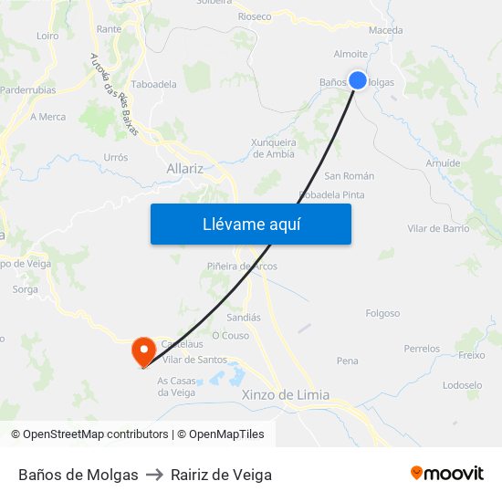 Baños de Molgas to Rairiz de Veiga map