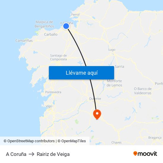 A Coruña to Rairiz de Veiga map