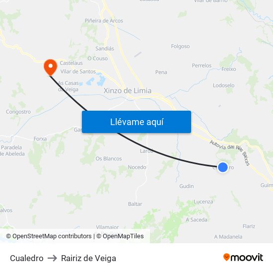 Cualedro to Rairiz de Veiga map