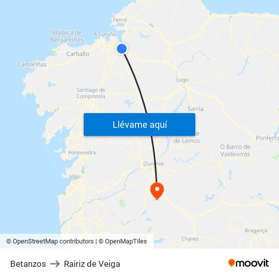 Betanzos to Rairiz de Veiga map