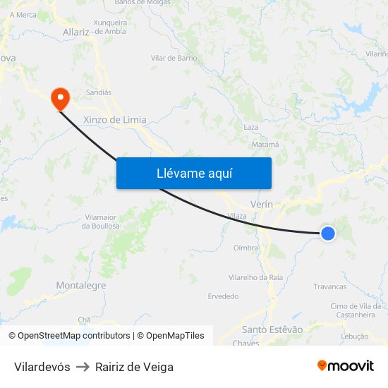 Vilardevós to Rairiz de Veiga map