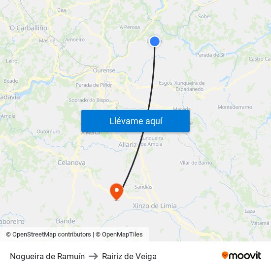 Nogueira de Ramuín to Rairiz de Veiga map