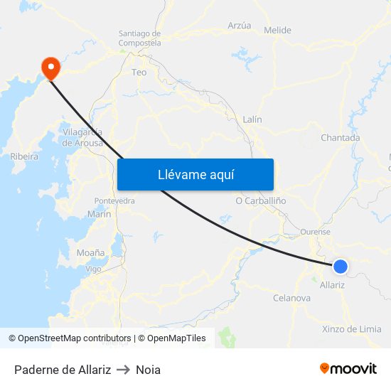 Paderne de Allariz to Noia map