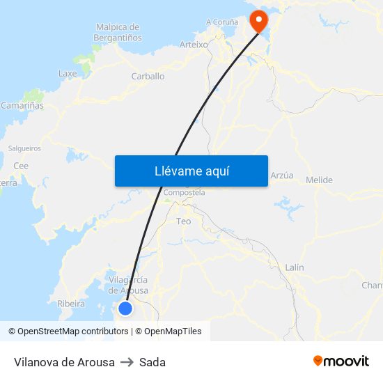 Vilanova de Arousa to Sada map