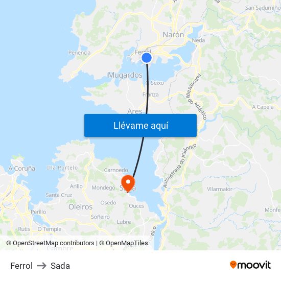 Ferrol to Sada map
