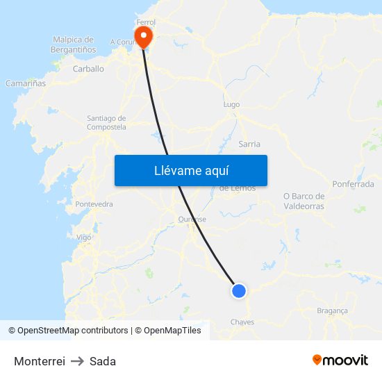 Monterrei to Sada map