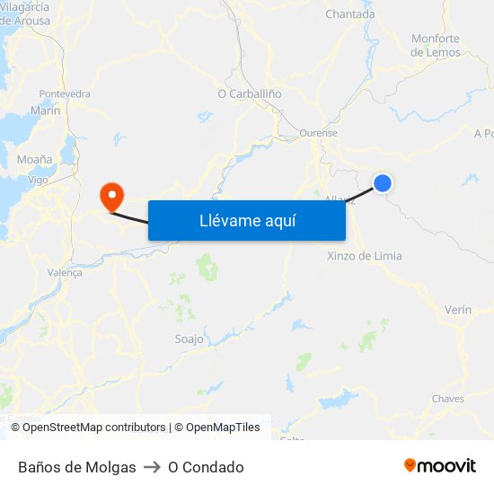 Baños de Molgas to O Condado map