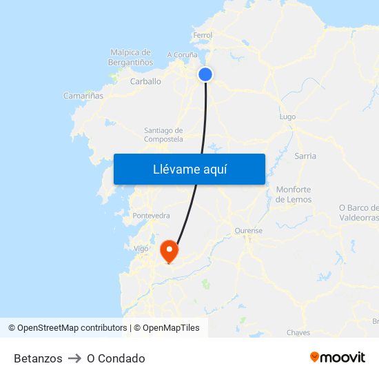 Betanzos to O Condado map