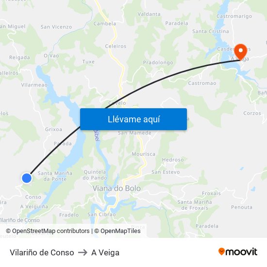 Vilariño de Conso to A Veiga map