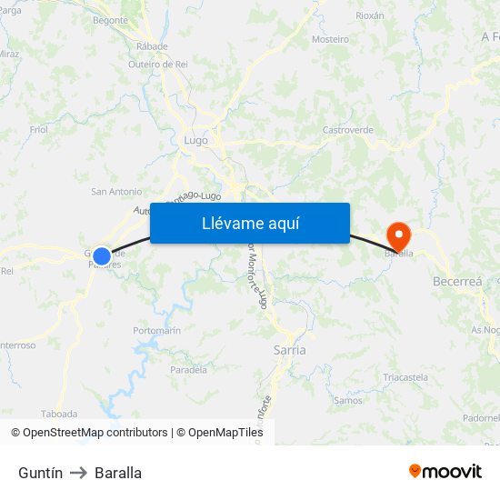 Guntín to Baralla map