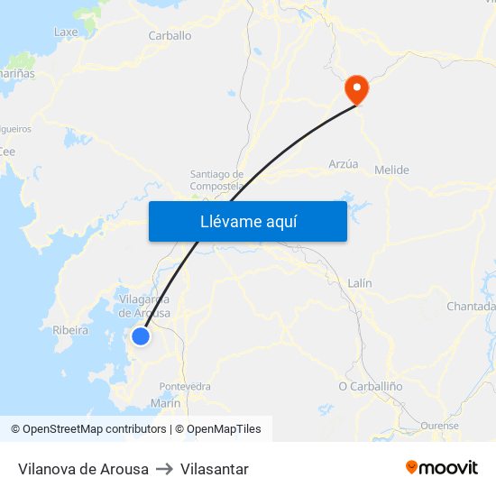 Vilanova de Arousa to Vilasantar map