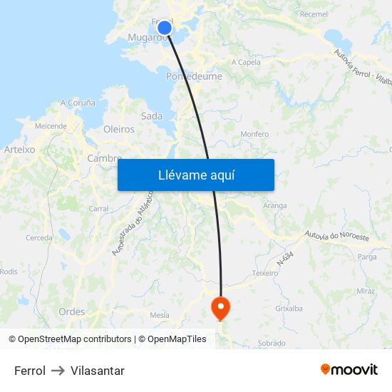 Ferrol to Vilasantar map