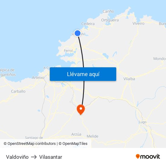 Valdoviño to Vilasantar map