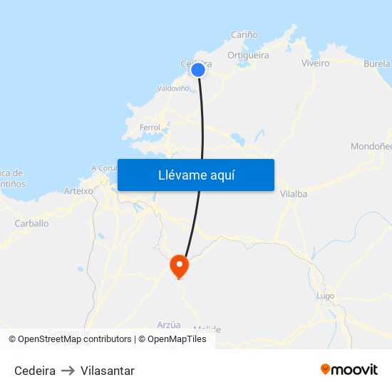Cedeira to Vilasantar map