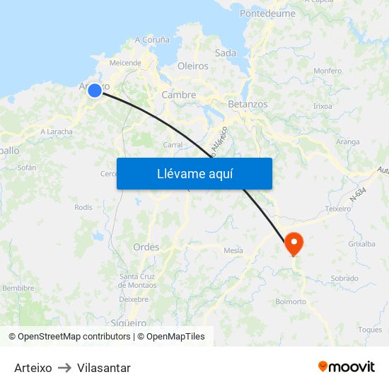 Arteixo to Vilasantar map