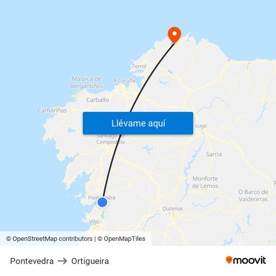 Pontevedra to Ortigueira map