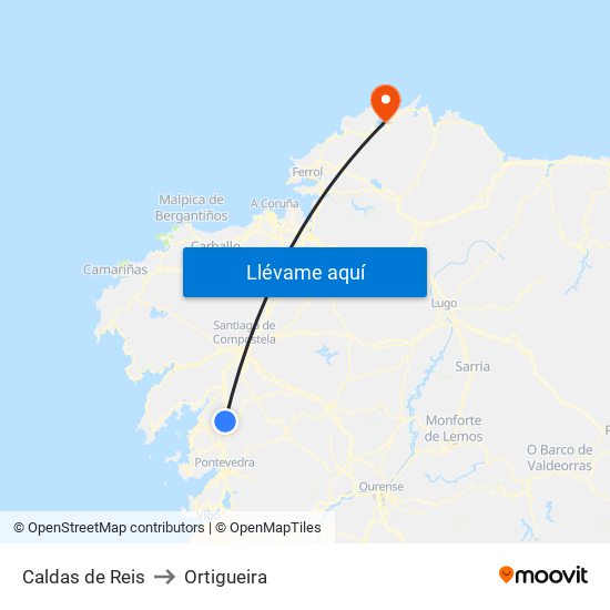 Caldas de Reis to Ortigueira map