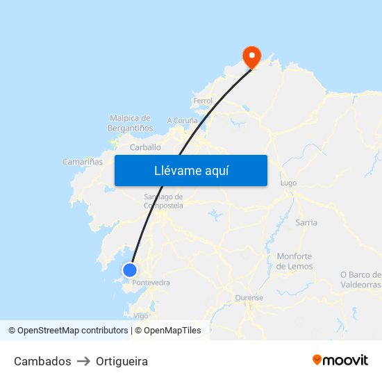 Cambados to Ortigueira map