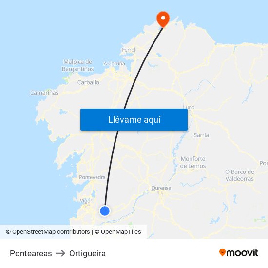 Ponteareas to Ortigueira map