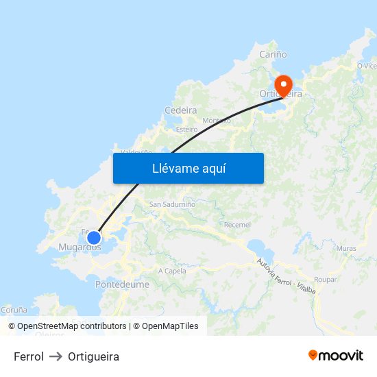Ferrol to Ortigueira map