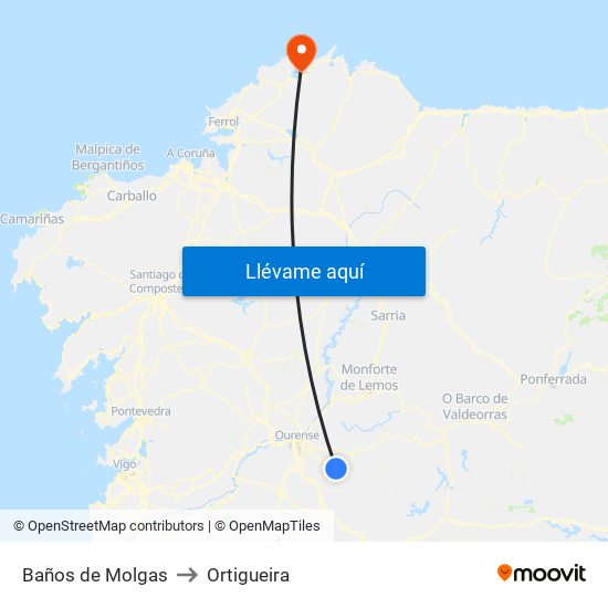 Baños de Molgas to Ortigueira map