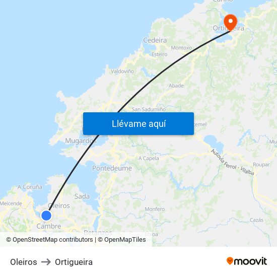 Oleiros to Ortigueira map