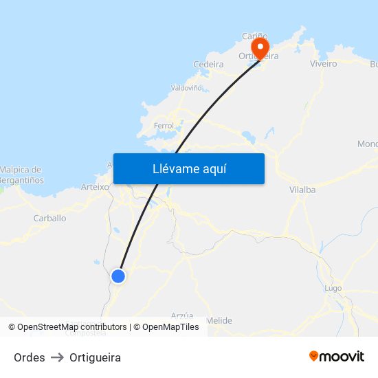 Ordes to Ortigueira map