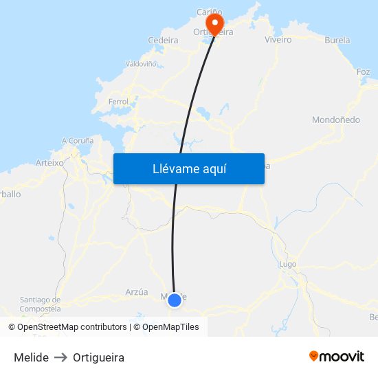 Melide to Ortigueira map