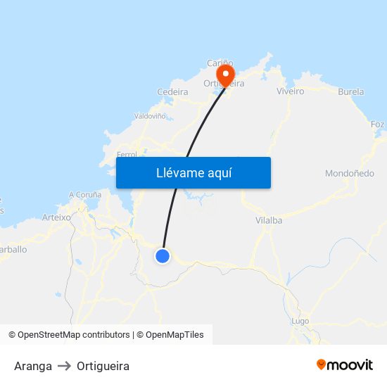 Aranga to Ortigueira map