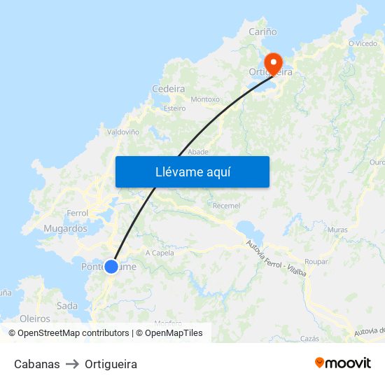 Cabanas to Ortigueira map