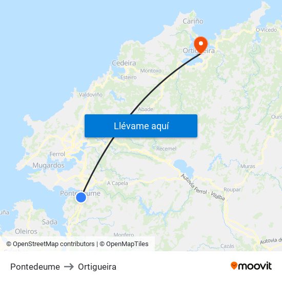 Pontedeume to Ortigueira map