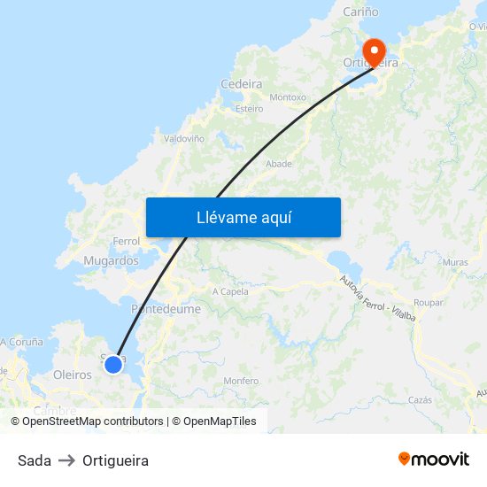 Sada to Ortigueira map