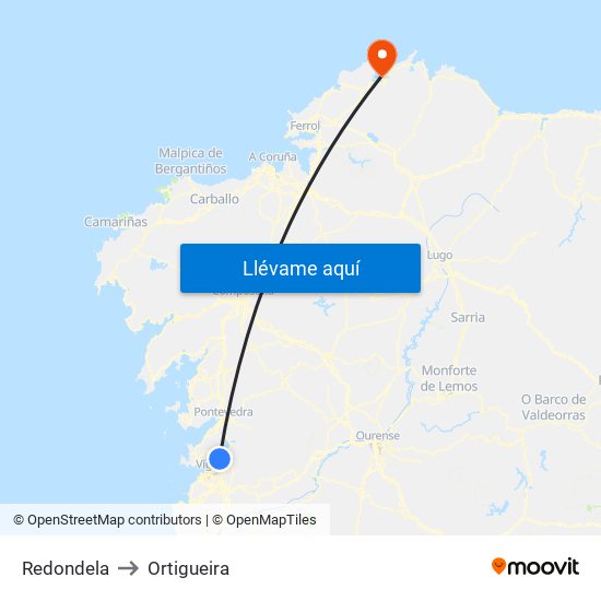 Redondela to Ortigueira map