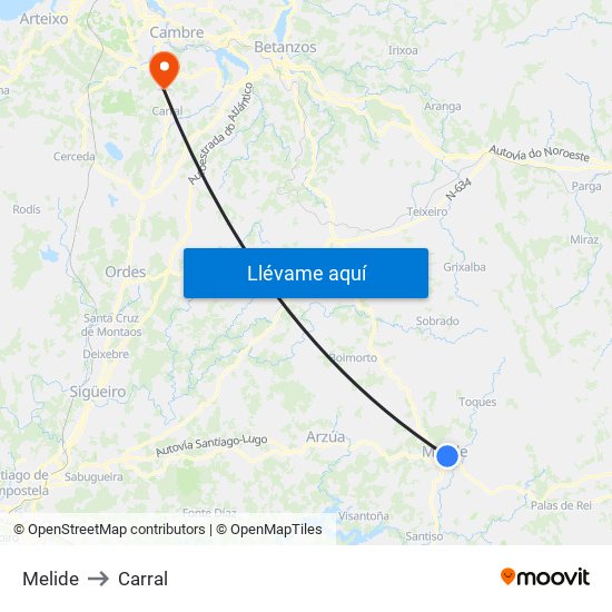Melide to Carral map