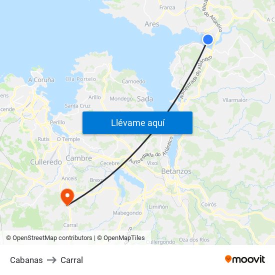 Cabanas to Carral map