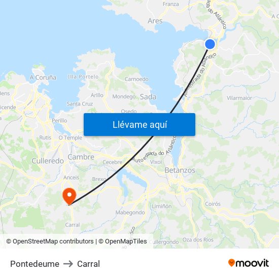 Pontedeume to Carral map