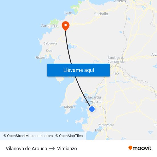 Vilanova de Arousa to Vimianzo map