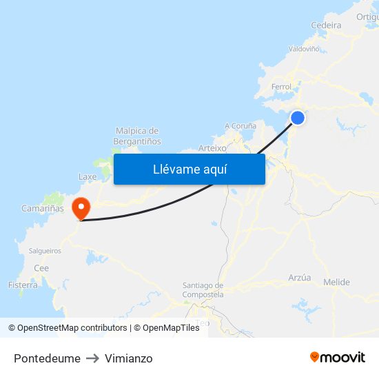 Pontedeume to Vimianzo map