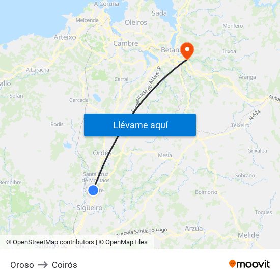 Oroso to Coirós map