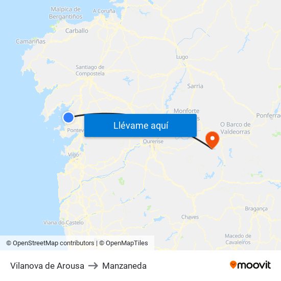 Vilanova de Arousa to Manzaneda map