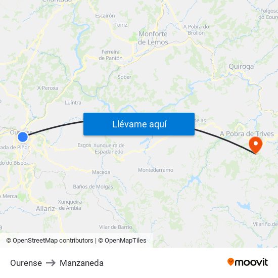Ourense to Manzaneda map