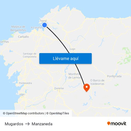 Mugardos to Manzaneda map