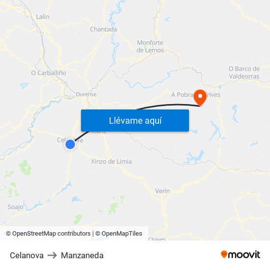 Celanova to Manzaneda map