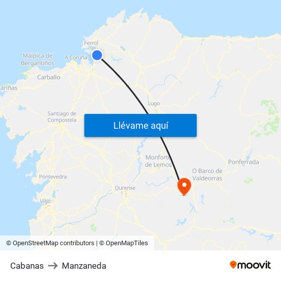 Cabanas to Manzaneda map