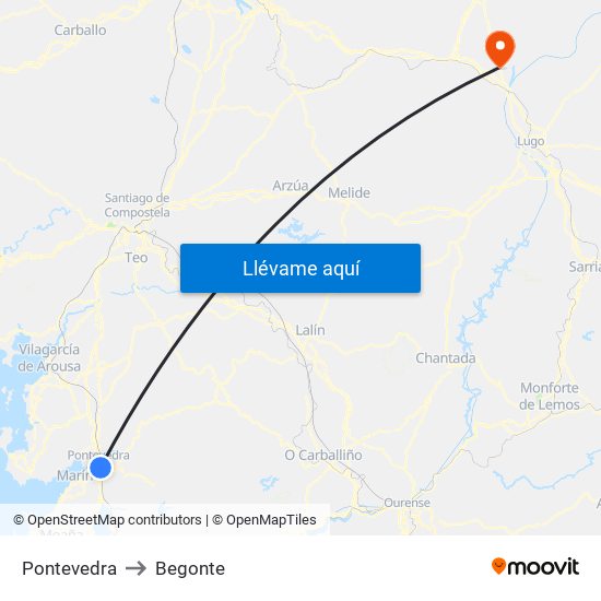 Pontevedra to Begonte map
