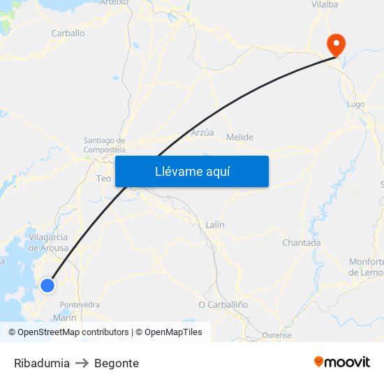 Ribadumia to Begonte map