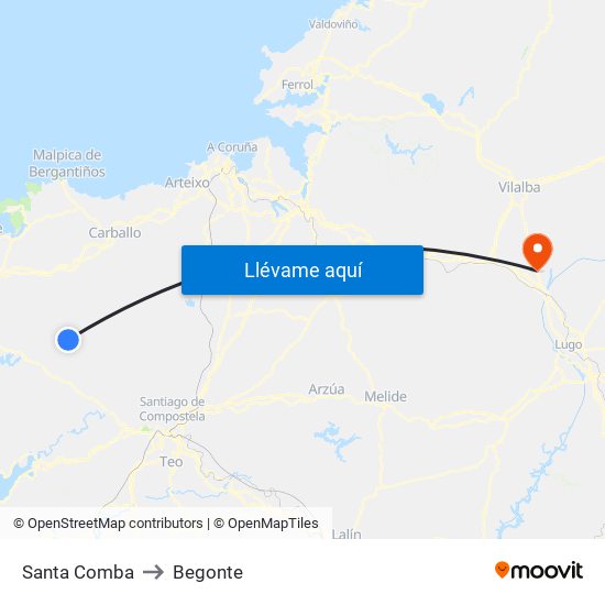 Santa Comba to Begonte map